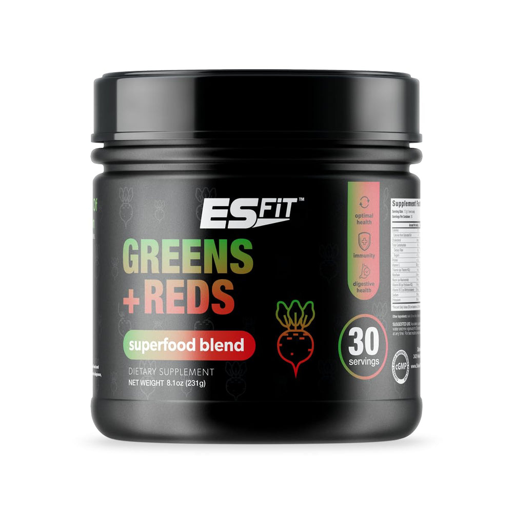 ES FIT Super Greens powder jar front view highlighting organic ingredients and antioxidant boost.