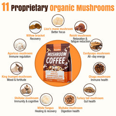 Esowbe Mushroom Coffee ingredient list graphic highlights organic mushrooms and adaptogens.