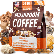 Esowbe Mushroom Coffee jar label shows 23-in-1 blend for focused mornings.