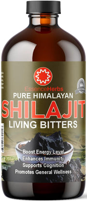 Essence Herbs Shilajit Bitters bottle front view suggesting energy support.