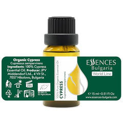 Closeup of Essences Bulgaria Cypress oil dropper bottle for easy use