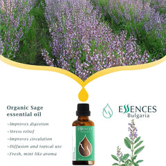 Essences Bulgaria Sage on Danube farm background highlighting origin and care.