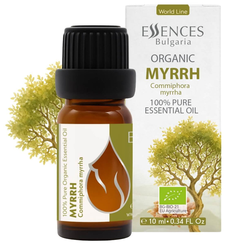 Essences Bulgaria Organic Myrrh essential oil bottle for aromatherapy and holistic ambience.