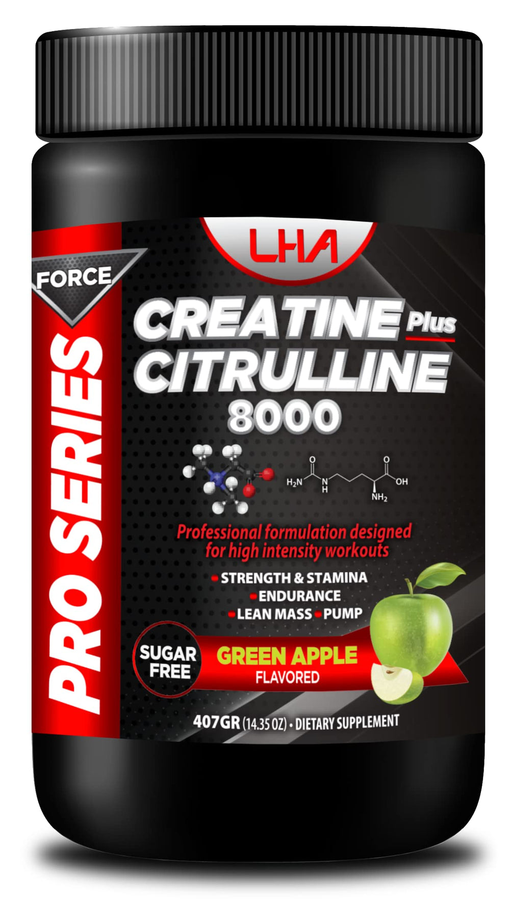 Essential Alternatives Force Creatine Citruline 8000 bottle with green apple flavor for endurance.