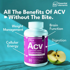 Essential Elements ACV Gummies label highlights B6, B12, and folic acid for energy and metabolism.