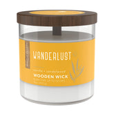 Essential Elements Wanderlust candle with wood wick in 16 oz for a cozy burn
