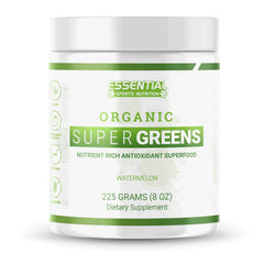 Essential Sports Nutrition Organic Super Greens bottle on a kitchen counter, energizing your day.