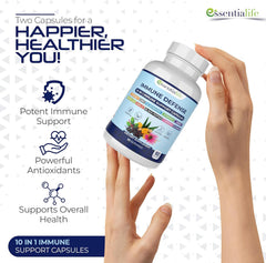 Ingredients panel for Essentialife Immune Support featuring vitamin C, D, zinc, and echinacea.
