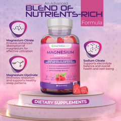 Essentialife Magnesium Gummies packaging-side emphasizes 100mg elemental magnesium per serving