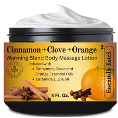 Essentially KateS Cinnamon Clove Orange Lotion bottle showing warming relief for tired muscles.
