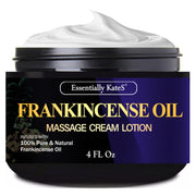 Essentially KateS Frankincense Massage Lotion bottle highlights compact packaging for easy, targeted use.