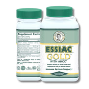 Essiac Gold AHCC bottle shown for daily immune support and wellness.