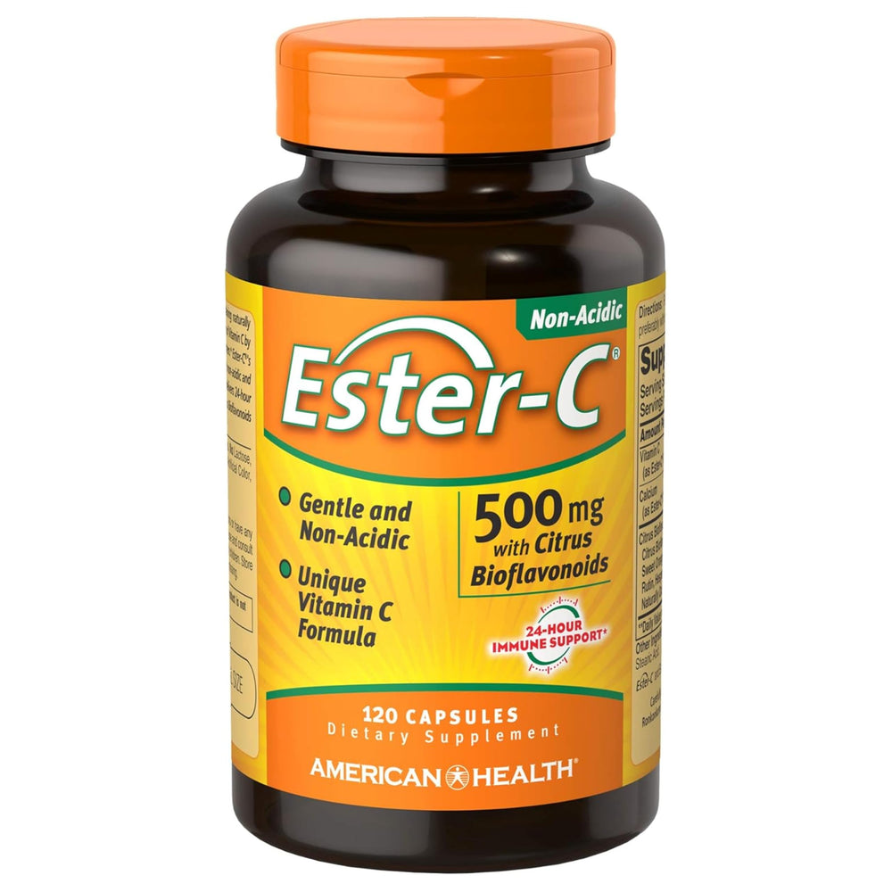 Ester-C bottle with citrus bioflavonoids capsules for immune support.