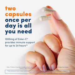 Ester-C bottle and glass emphasizing easy daily vitamin C routine.