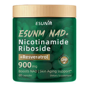 ESUNM liposomal NAD+ bottle highlights enhanced energy support with resveratrol blend.