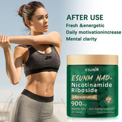 ESUNM NAD+ capsules inside bottle with label details.
