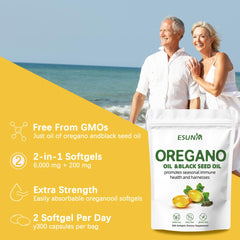 Label graphic emphasizes 6,000 mg oregano oil per serving and 200 mg black seed oil.