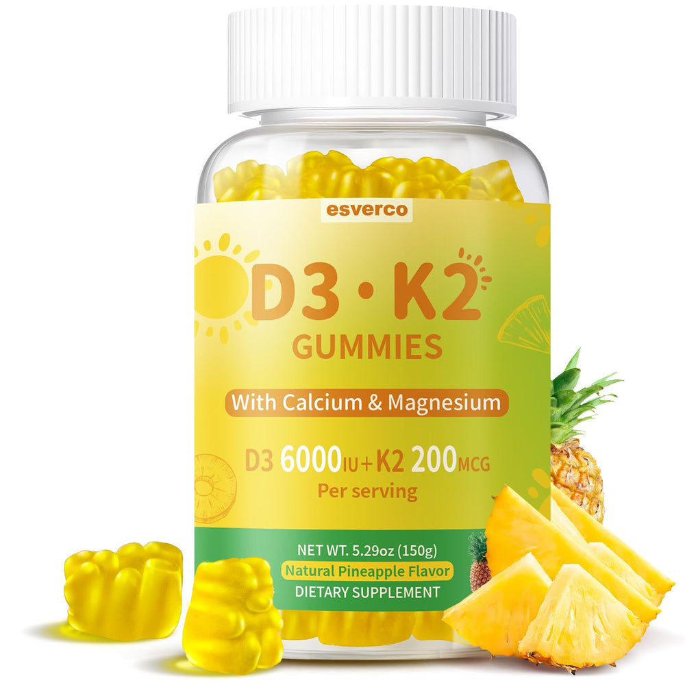 esverco Vitamin D3 K2 Gummies bottle pouring for easy daily calcium delivery