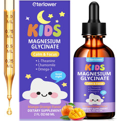 Eterlower Kids Magnesium Liquid Drops bottle with orange-mango flavor promotes calm and focus.