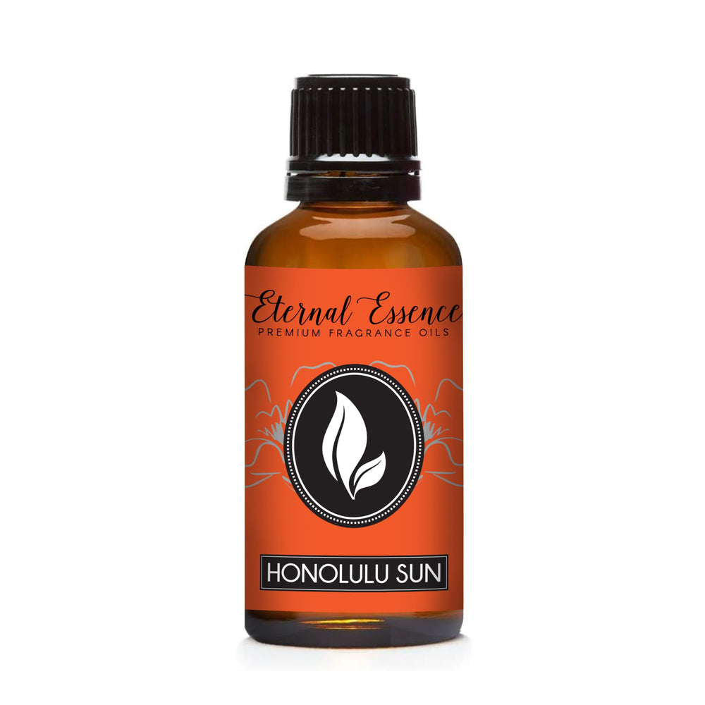 Honolulu Sun bottle closeup by Eternal Essence Oils, premium fragrance.