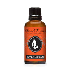 Honolulu Sun bottle closeup by Eternal Essence Oils, premium fragrance.