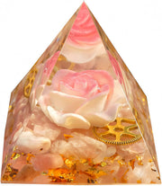 EternalOrgone Flower of Life pyramid closeup highlighting rose quartz for calm focus.