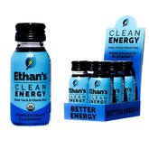 Ethan's Organic Clean Energy Shot bottle shows pomegranate-blueberry flavor.