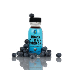 Ethan's Organic Clean Energy Shots front label highlighting organic, gluten-free formula for focused energy.