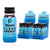 Ethans Organic Clean Energy Shots bottle with pomegranate blueberry flavor for focused energy