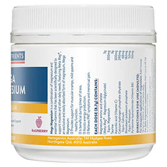 Close-up of Ethical Nutrients MegaZORB raspberry magnesium powder bottle showing raspberry flavor