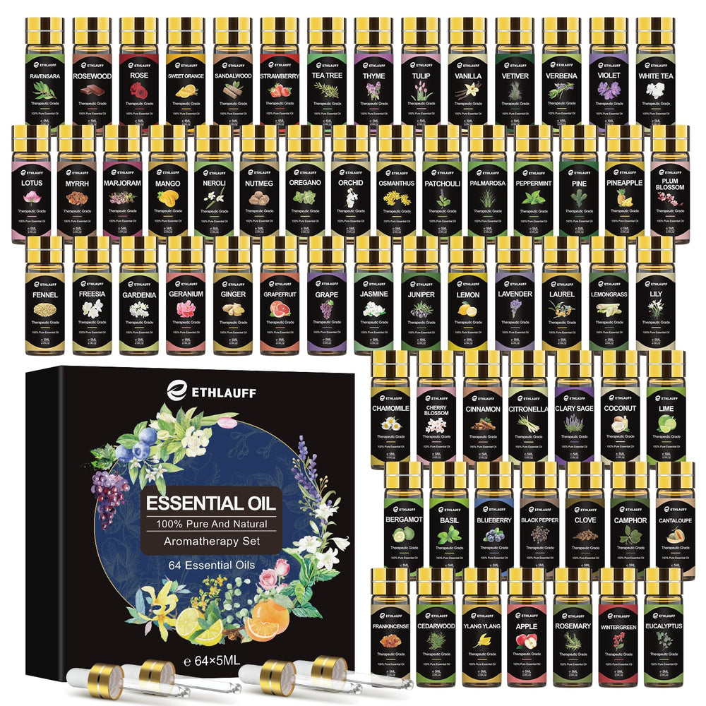 Ethlauff essential oils 64-pack bottles display diverse fragrances for home scenting