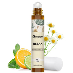 Ethlauff Relax Essential Oil bottle resting on a wooden surface for calming ambiance.