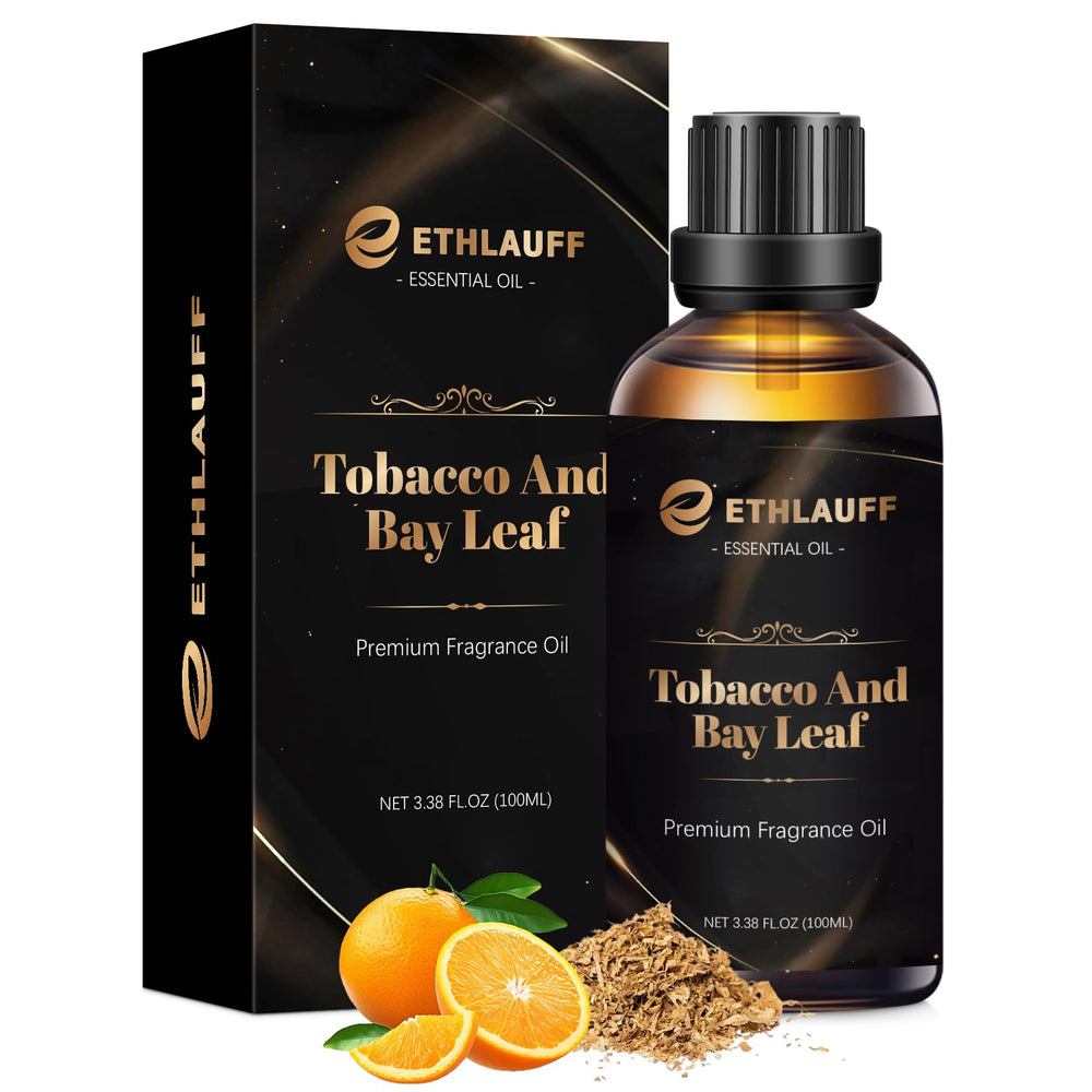 Ethlauff Tobacco & Bay Leaf fragrance oil bottle offering smoky, refined aroma for spaces.