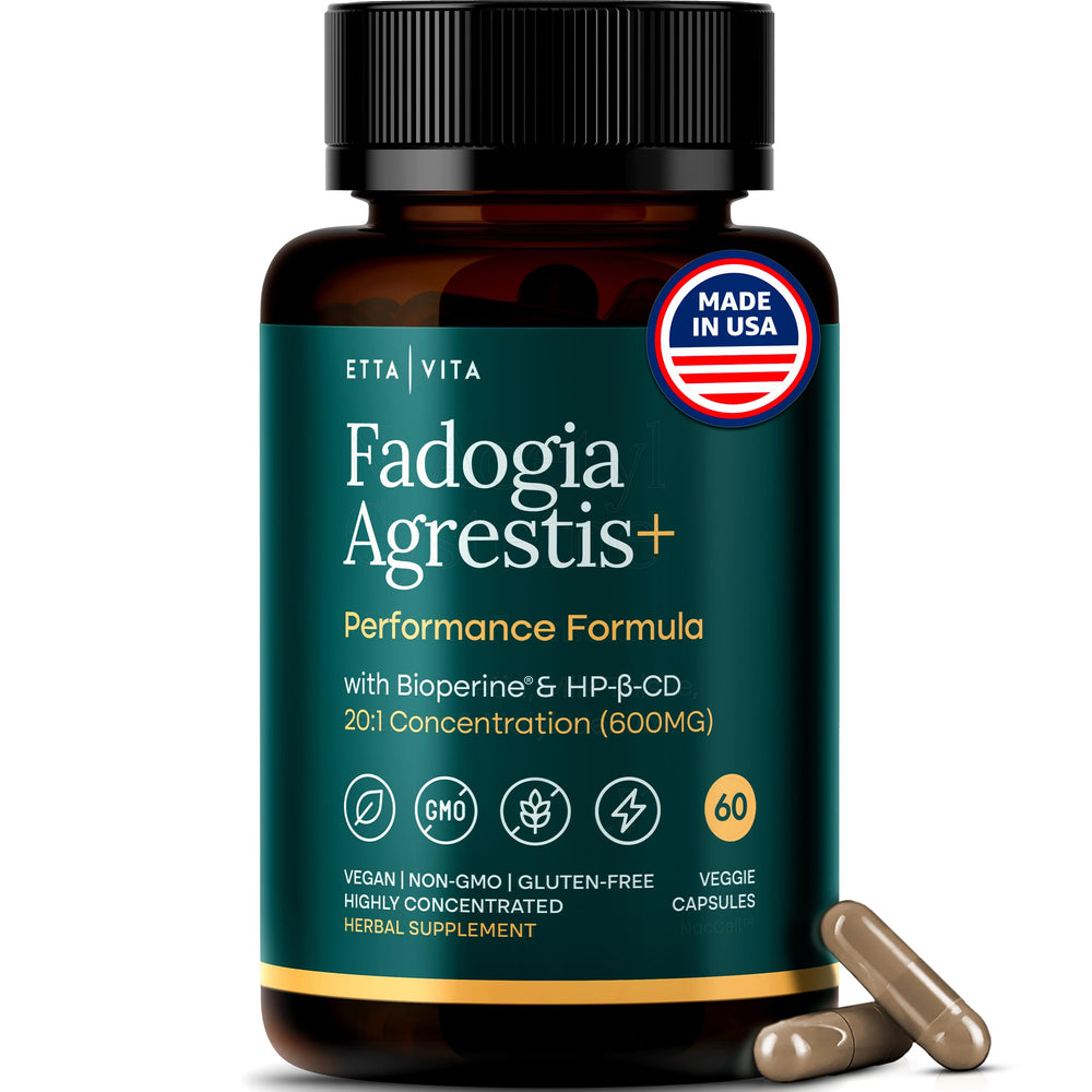 Etta Vita Fadogia Agrestis bottle front showing premium blend for potential energy support and recovery.