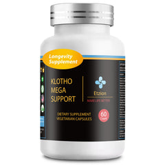 Etzion Klotho Mega Support bottle with capsules for daily longevity support.