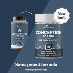 Eu Natural Conception for Him capsules closeup, easy-to-take vegetarian capsules.