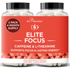 Eu Natural Elite Caffeine Pills bottle shows jitter-free focus promise.