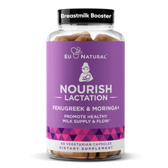 Eu Natural Nourish lactation softcaps bottle supports postpartum milk flow and calm moments.