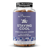 Eu Natural Staying Cool bottle front illustration of a menopause supplement for hot flash relief