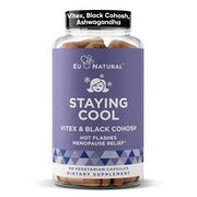 Eu Natural Staying Cool bottle front illustration of a menopause supplement for hot flash relief