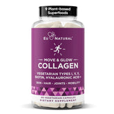 Eu Natural Move and Glow bottle front showing vegetarian capsules for skin and joints.