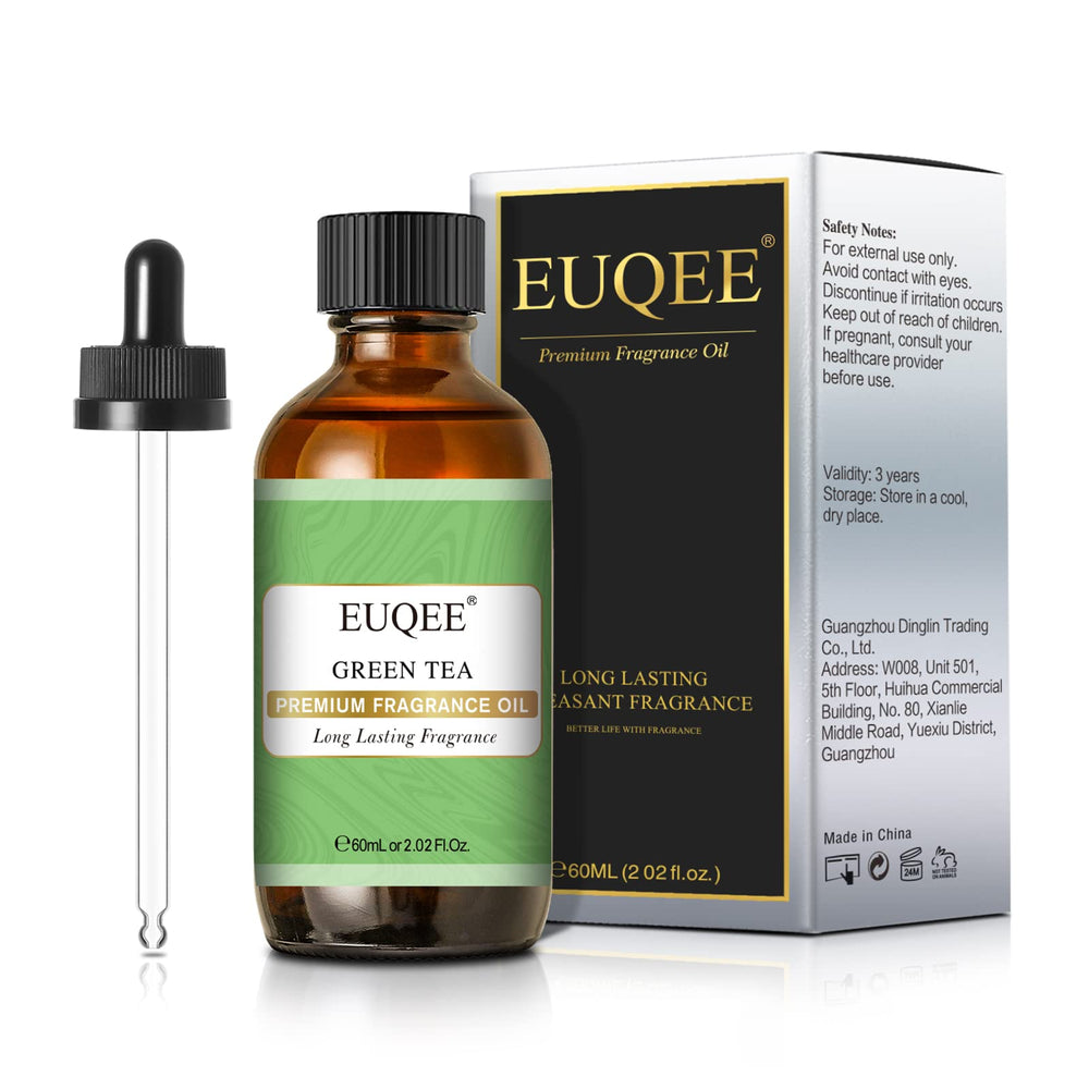 EUQEE Green Tea Fragrance Oil bottle ready for diffusion and long-lasting aroma.