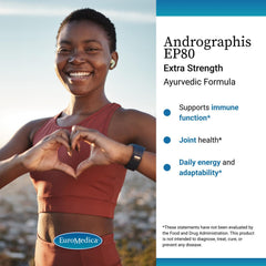 Label detail of EuroMedica Andrographis EP80 emphasizing allergen-free promise.