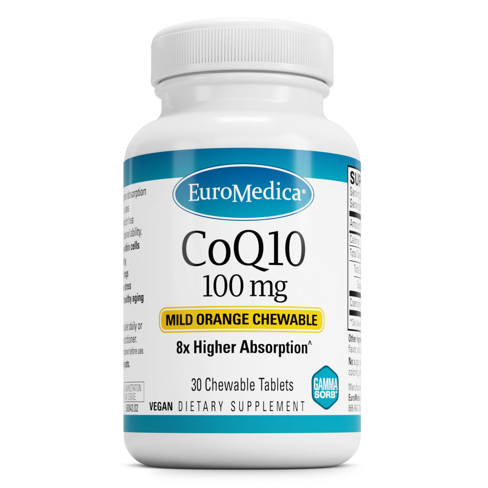 EuroMedica CoQ10 100 mg tablet closeup highlighting energy support and healthy aging.