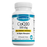 EuroMedica CoQ10 100 mg tablet closeup highlighting energy support and healthy aging.