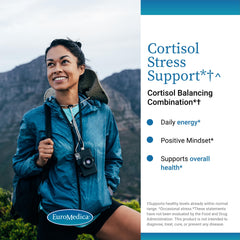 EuroMedica Cortisol Stress Support label highlighting DHEA and vitamin blend for energy
