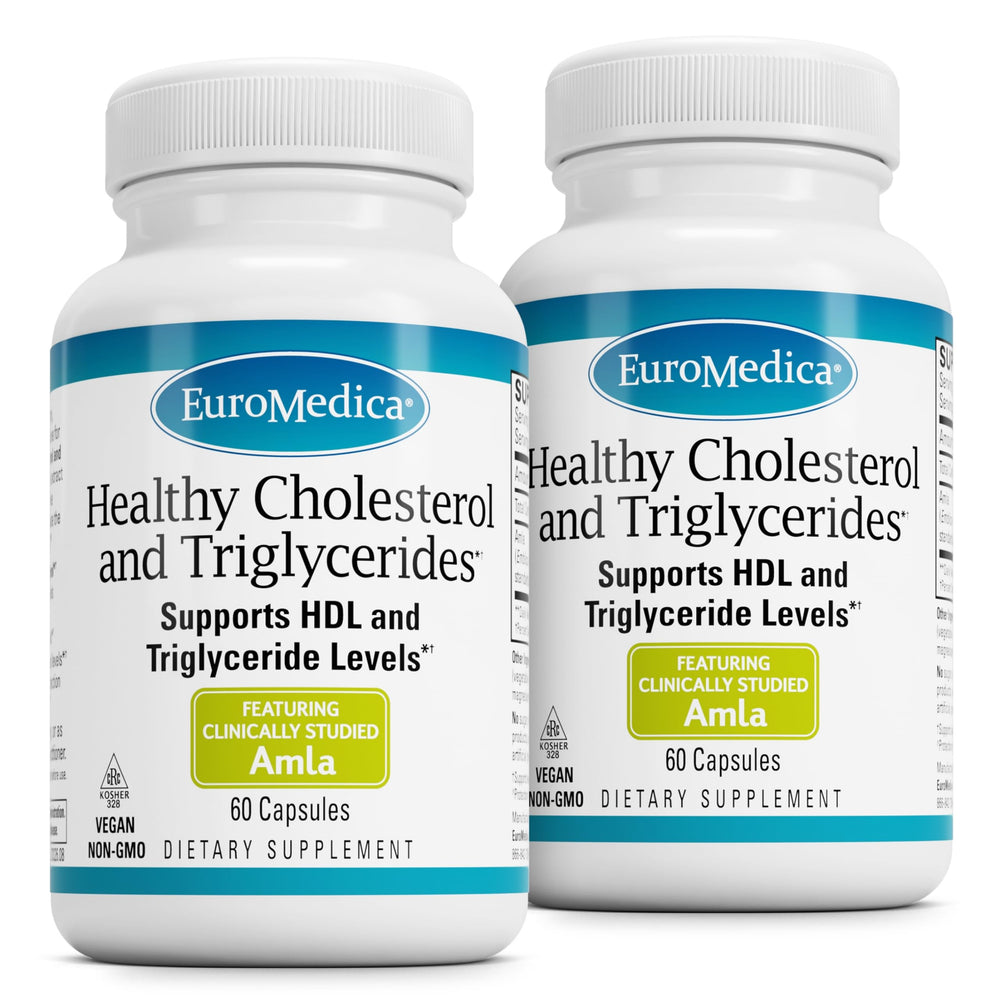 EuroMedica Healthy Cholesterol and Triglycerides bottle with label highlighting heart support.