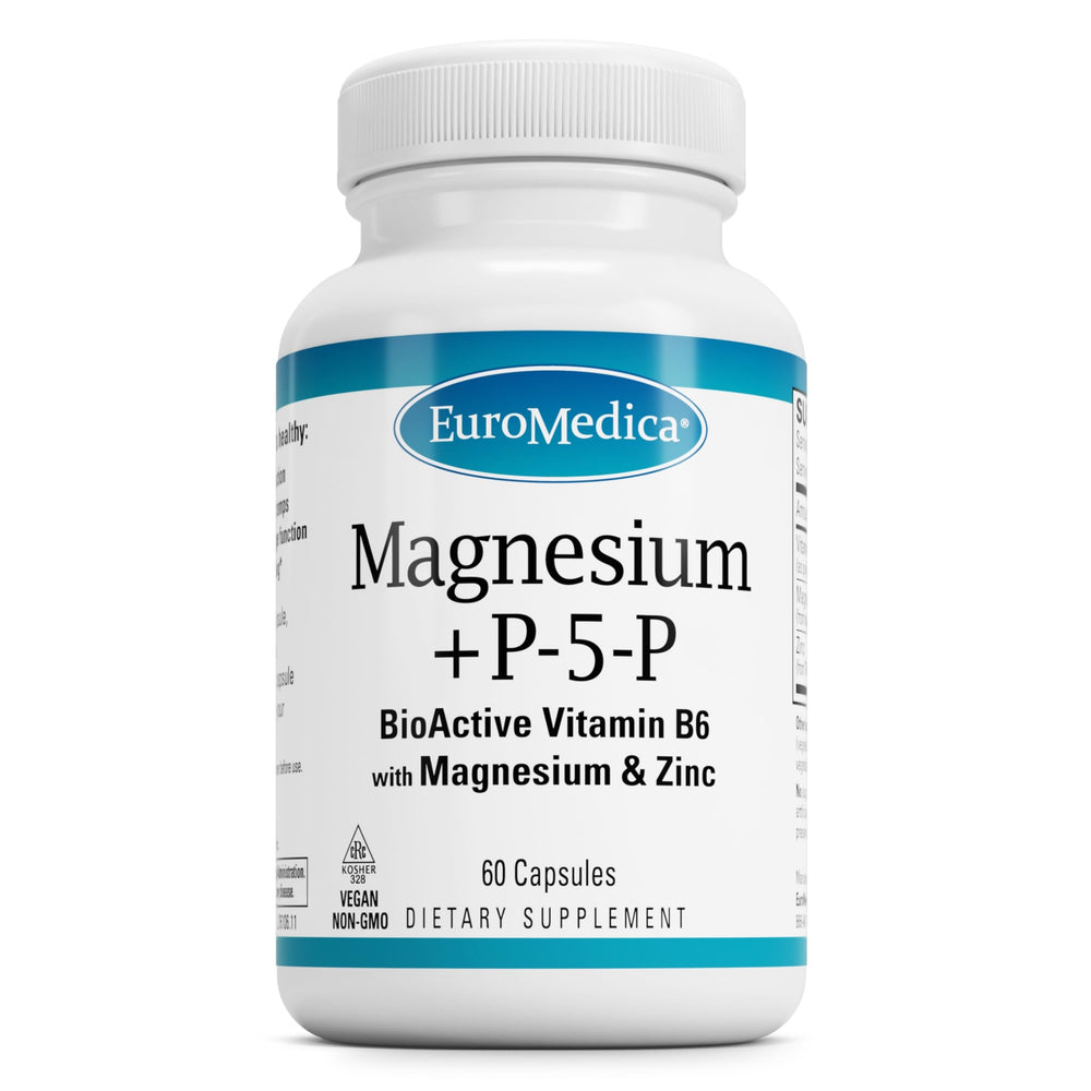 EuroMedica Magnesium P-5-P bottle for convenient daily supplementation supporting bone and heart health.