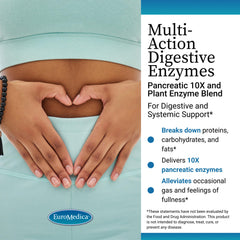 EuroMedica Multi-Action Digestive Enzymes bottle with capsules ready for daily use.