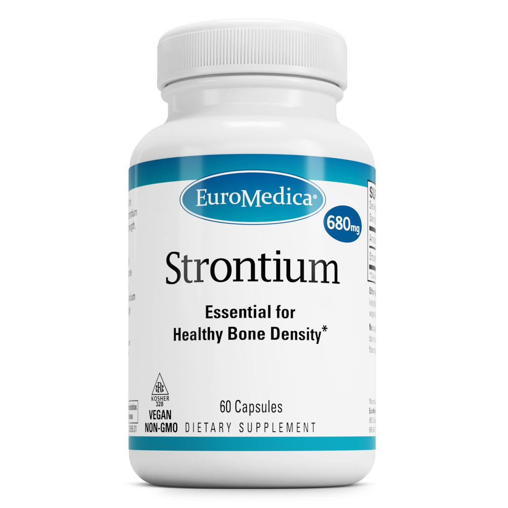 EuroMedica Strontium bottle close-up highlighting vegan bone health support